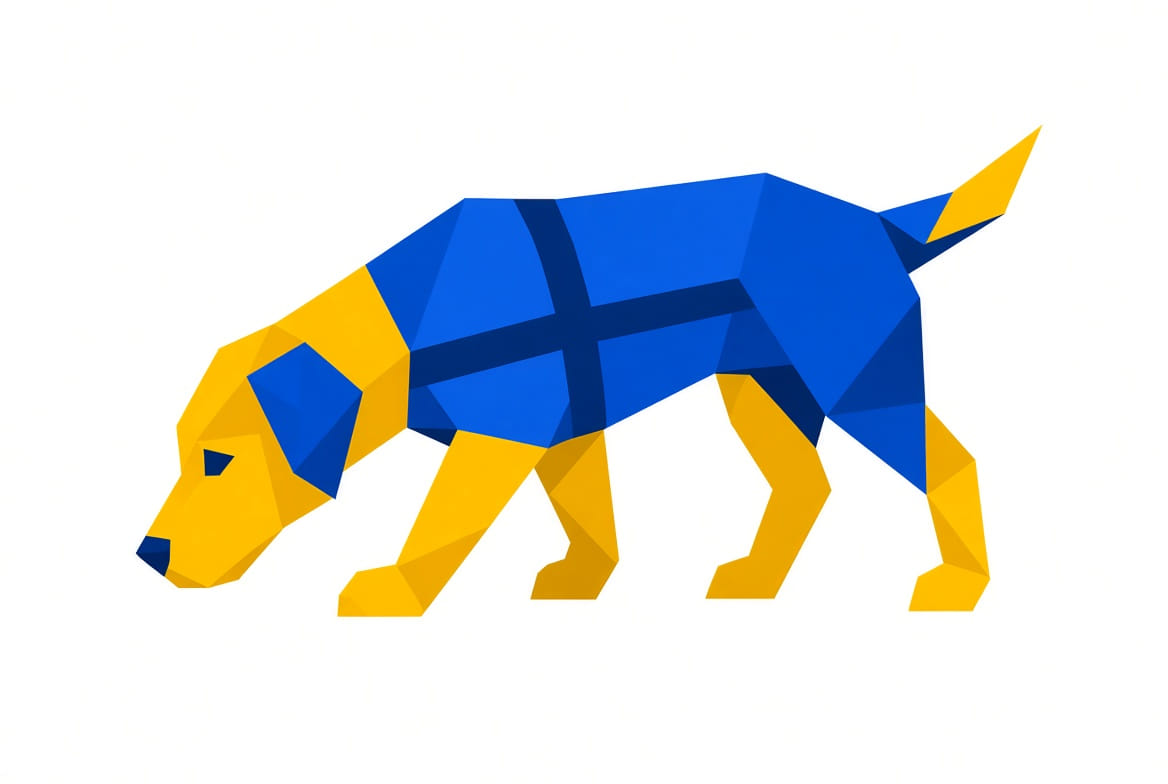 Geometric guide dog following a trail.